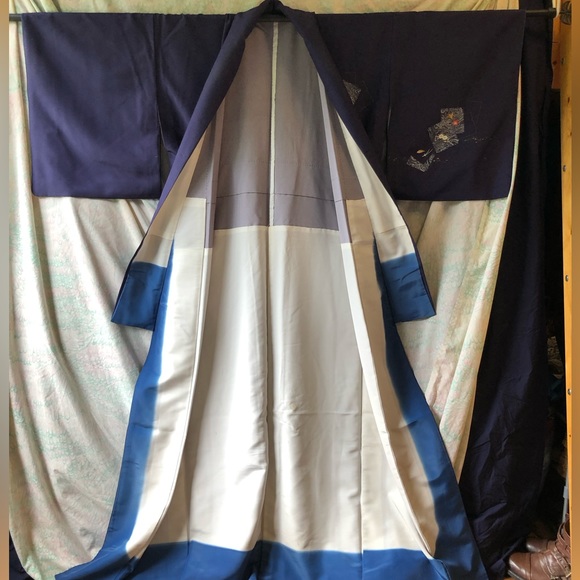 Vintage navy polyester kimono with small print detail - Picture 2 of 10